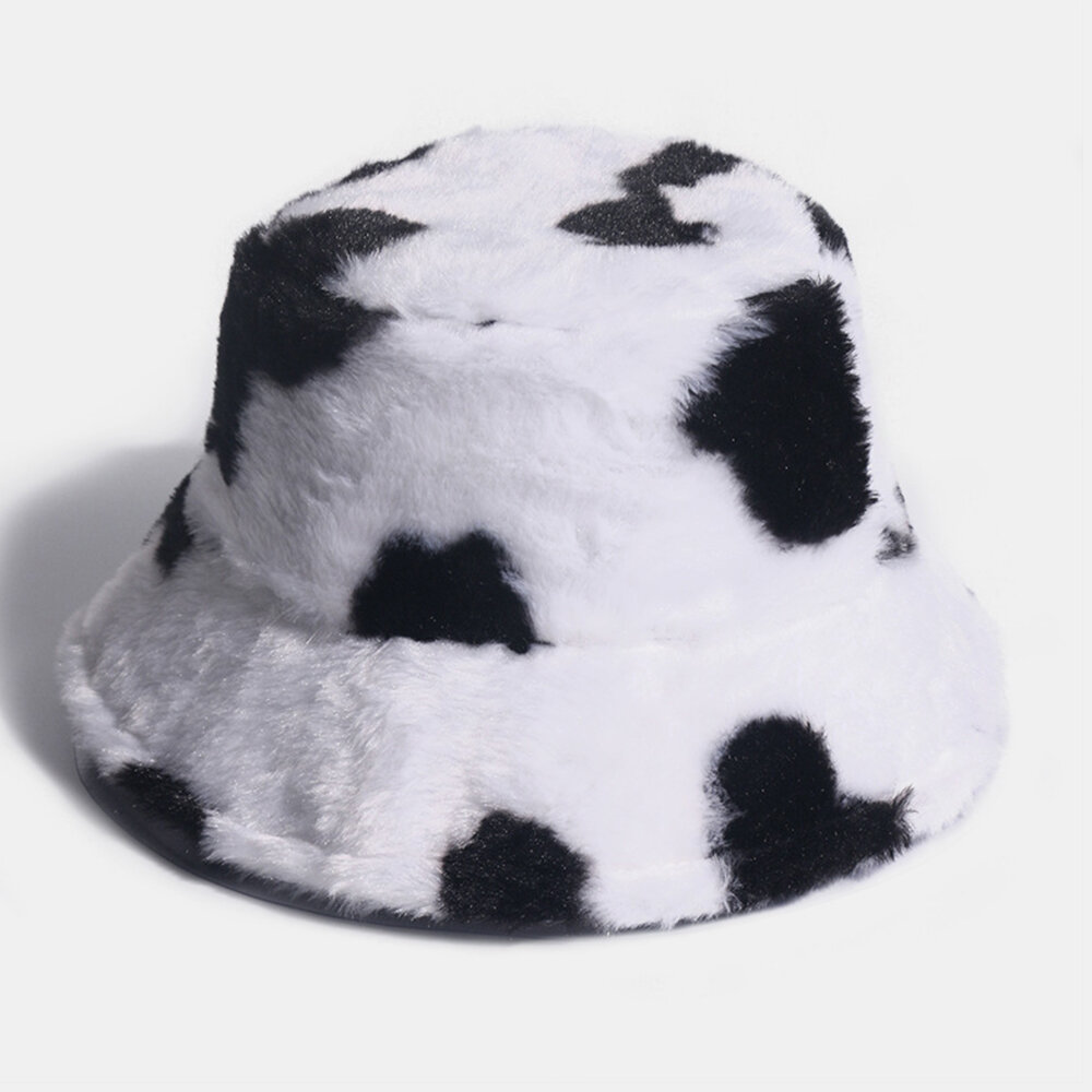 Unisex Rabbit Hair Warm Plush Cow Pattern Outdoor Casual All-match Bucket Hat