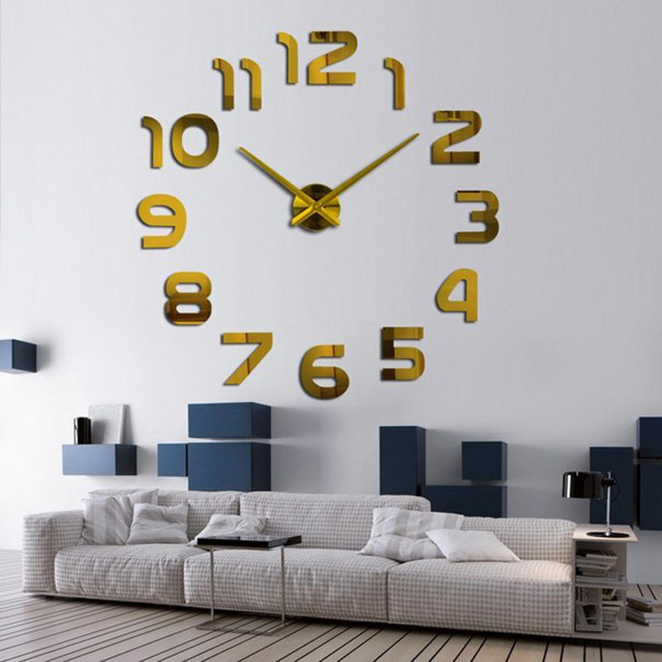 Modern DIY Mute Large Wall Clock Home Decor Office 3D Mirror Surface Wall Clock