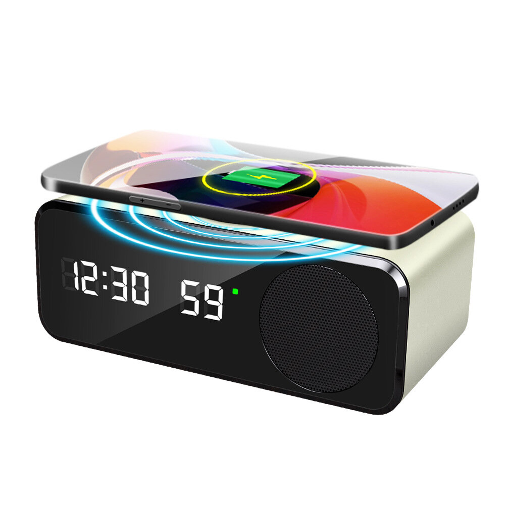 

5 In 1 Wireless Charger Speaker Digital Alarm Clock bluetooth Audio Phone Stand Stopwatch Temperature Display
