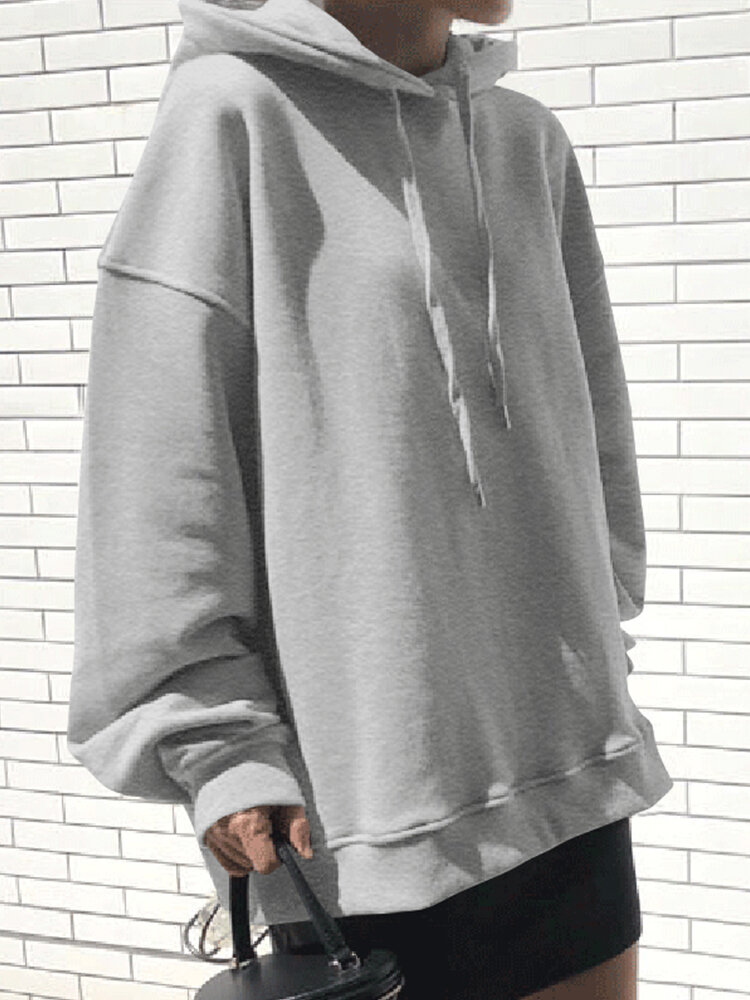 Women Solid Color O-Neck Long Sleeve Narrow Cuff Casual Hooded Sweatshirt
