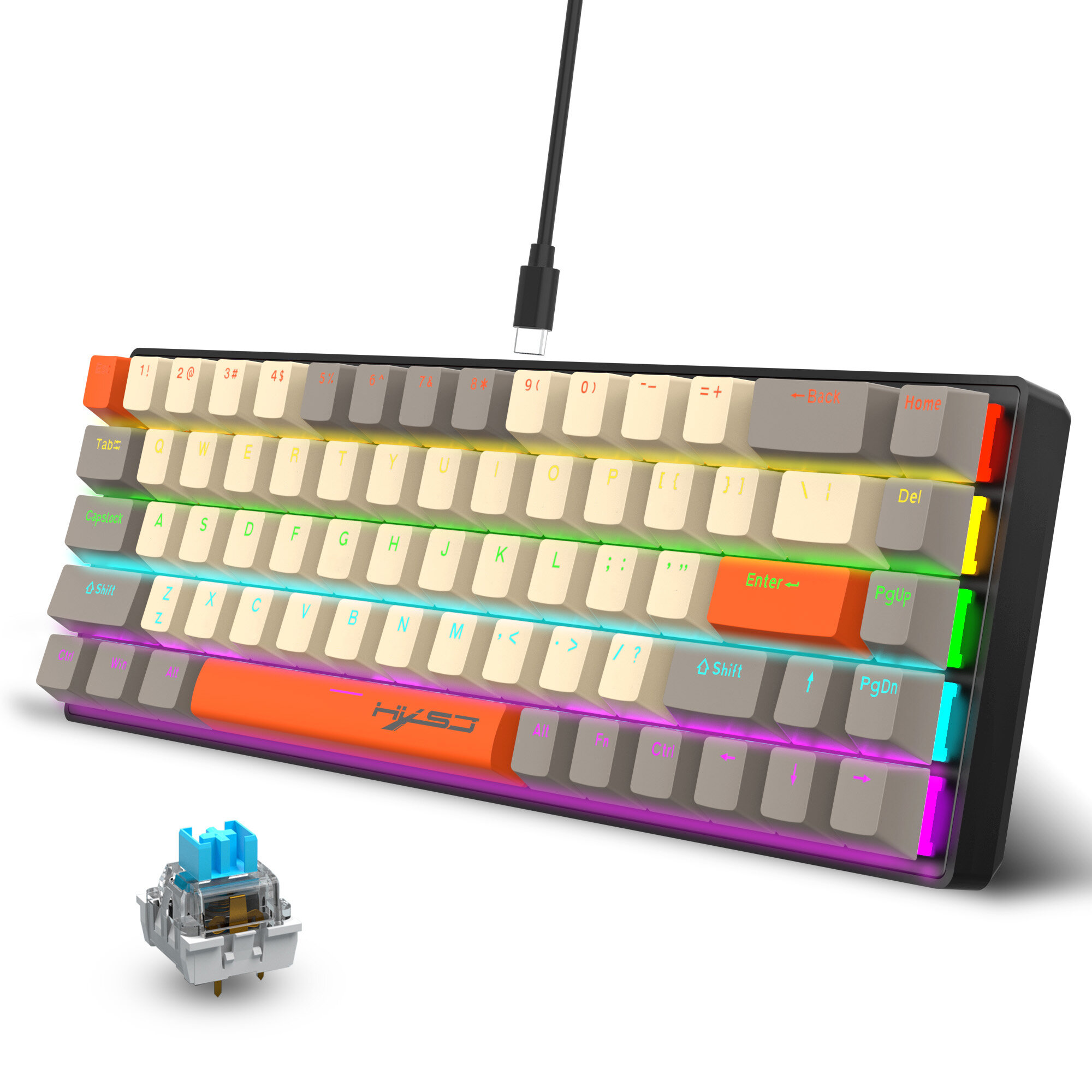 

HXSJ K88 68 Keys Wired Mechanical Gaming Keyboard Blue Switch RGB USB Type-C 60% Layout Gaming Keyboard for PC Laptop Co