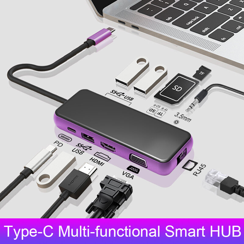 

Bakeey 10-in-1 USB C HUB Adapter USB3.0 Docking Station With 87W USB-C PD Power Delivery / 3*USB / HDMI / VGA / RJ45 / 3