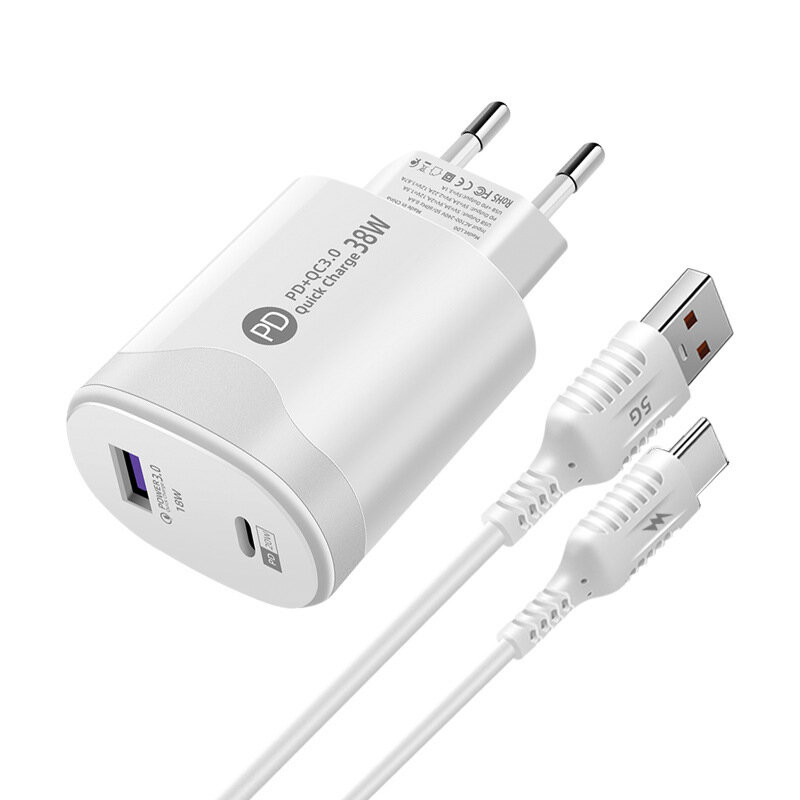

38W Dual Port Type-C + USB Port PD 20W QC3.0 Fast Charging Wall Charger Adapter EU Plug With 1m Long USB-A to Type-C Cab