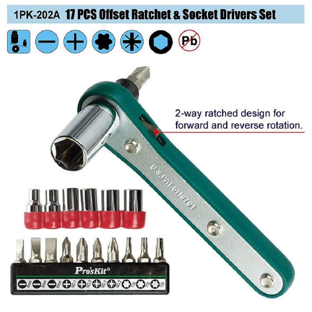 

ProsKit 1PK-202A 17 in 1 Offset Ratchet and Socket Driver Set Torx Hex Metric Size