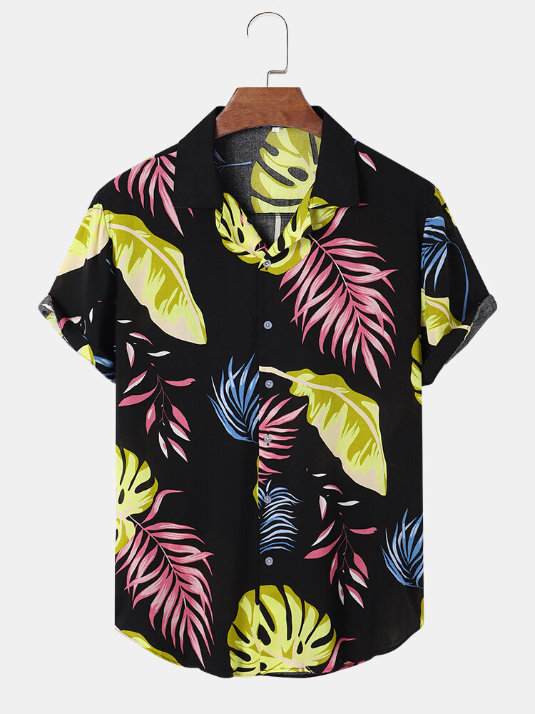 

Mens Tropical Leaf Print Revere Collar Short Sleeve Holiday Shirts