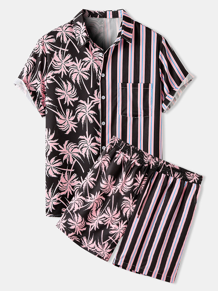 

Coconut Tree Colorful Stripe Mixed Print Casual Holiday Shirts And Shorts Set