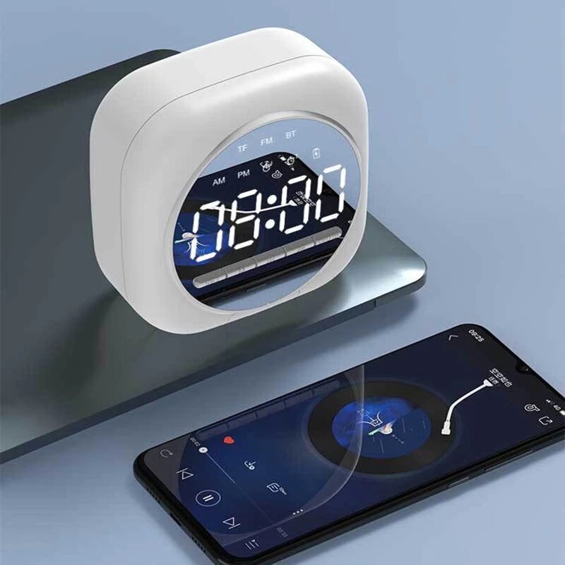 Wireless USB bluetooth 5.0 LED Mirror Alarm Clock Speaker TF FM Radio Clock Digital Snooze Table Clock Wake Up Phone Hol
