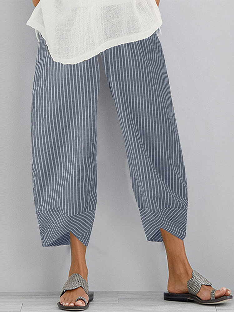 Casual Loose Striped Elastic Waist Irregular Hem Side Pocket Pants For ...