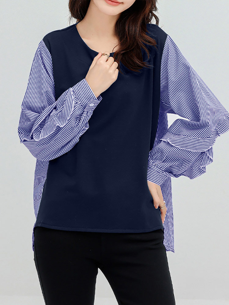 Gestreepte patchwork hoog-laag blouse met lange mouwen en ronde hals