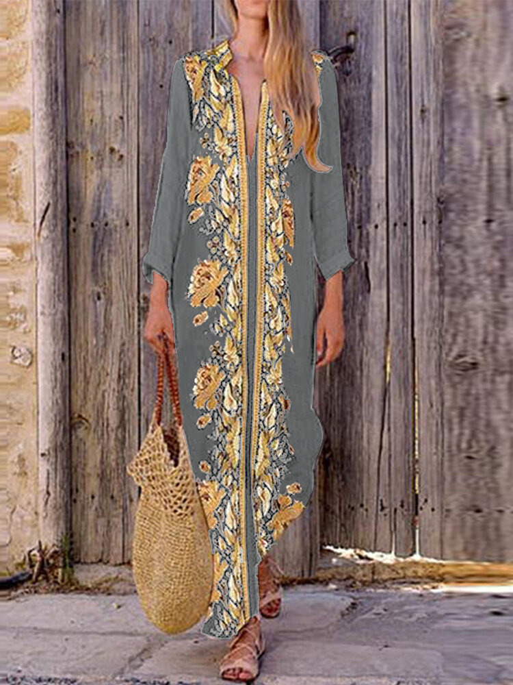 Bohemian Women V Neck Floral Print Beach Holiday Split Maxi Dress