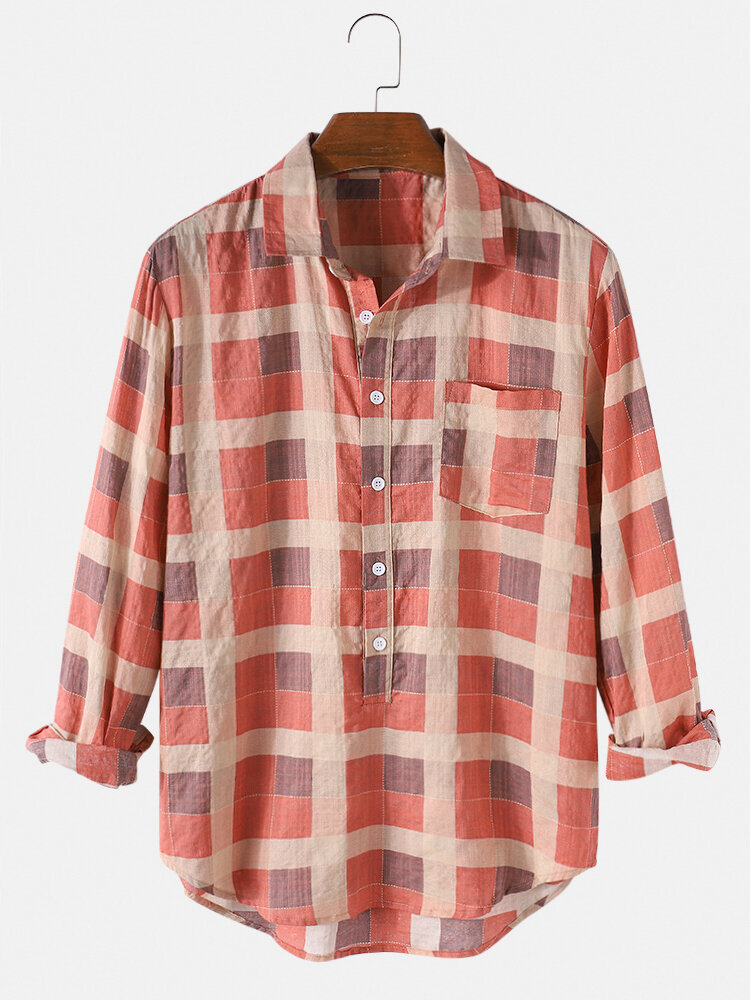 

Mens 100% Cotton Plaid Print Long Sleeve Curved Hem Henley Shirts With Chest Pocket