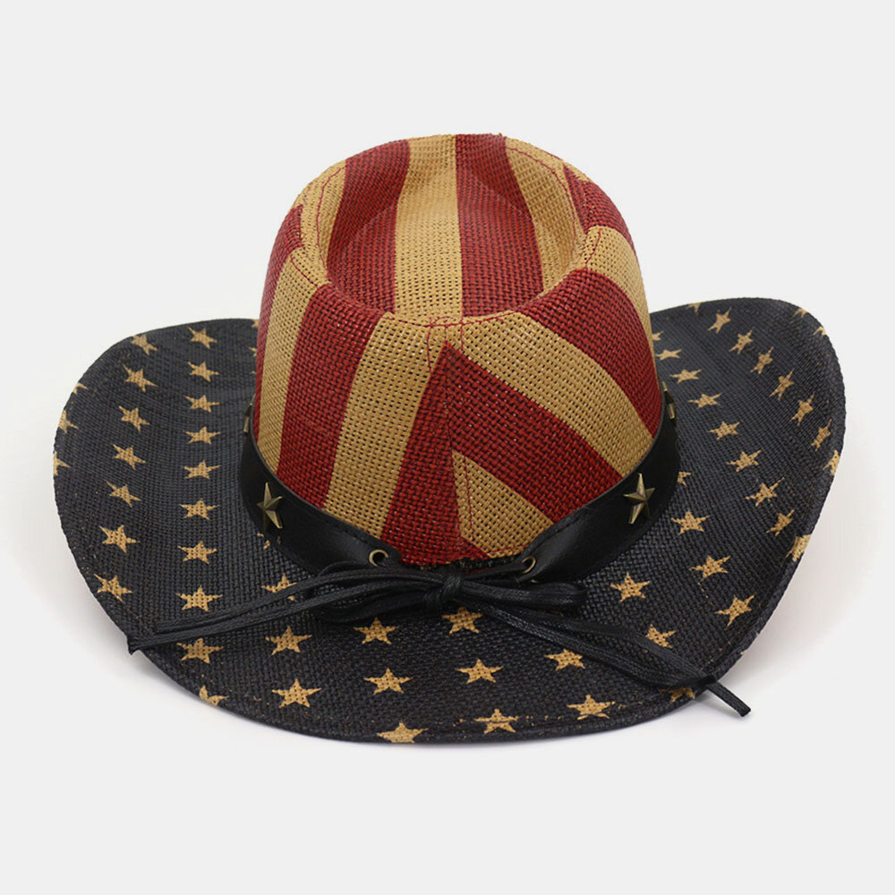Vintage American Flag Westren Cowboy Style Panama Hat Summer Prairie Straw Hat For Male