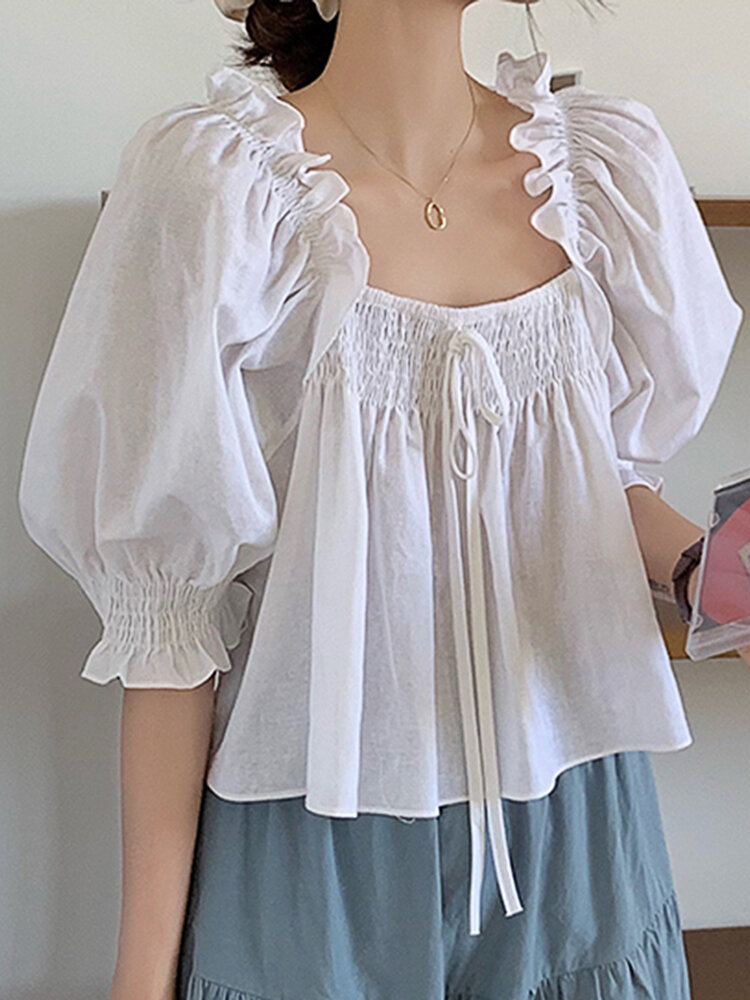 Women Puff Sleeve Solid Pleating Casual Holiday Streetwear Leisure Top