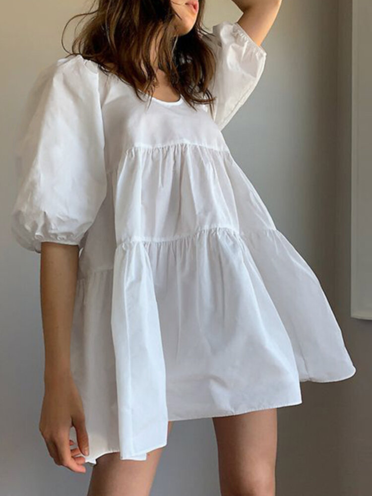 Women Puff Sleeve U-Neck Solid Color Short Sleeve Casual Tiered Dress