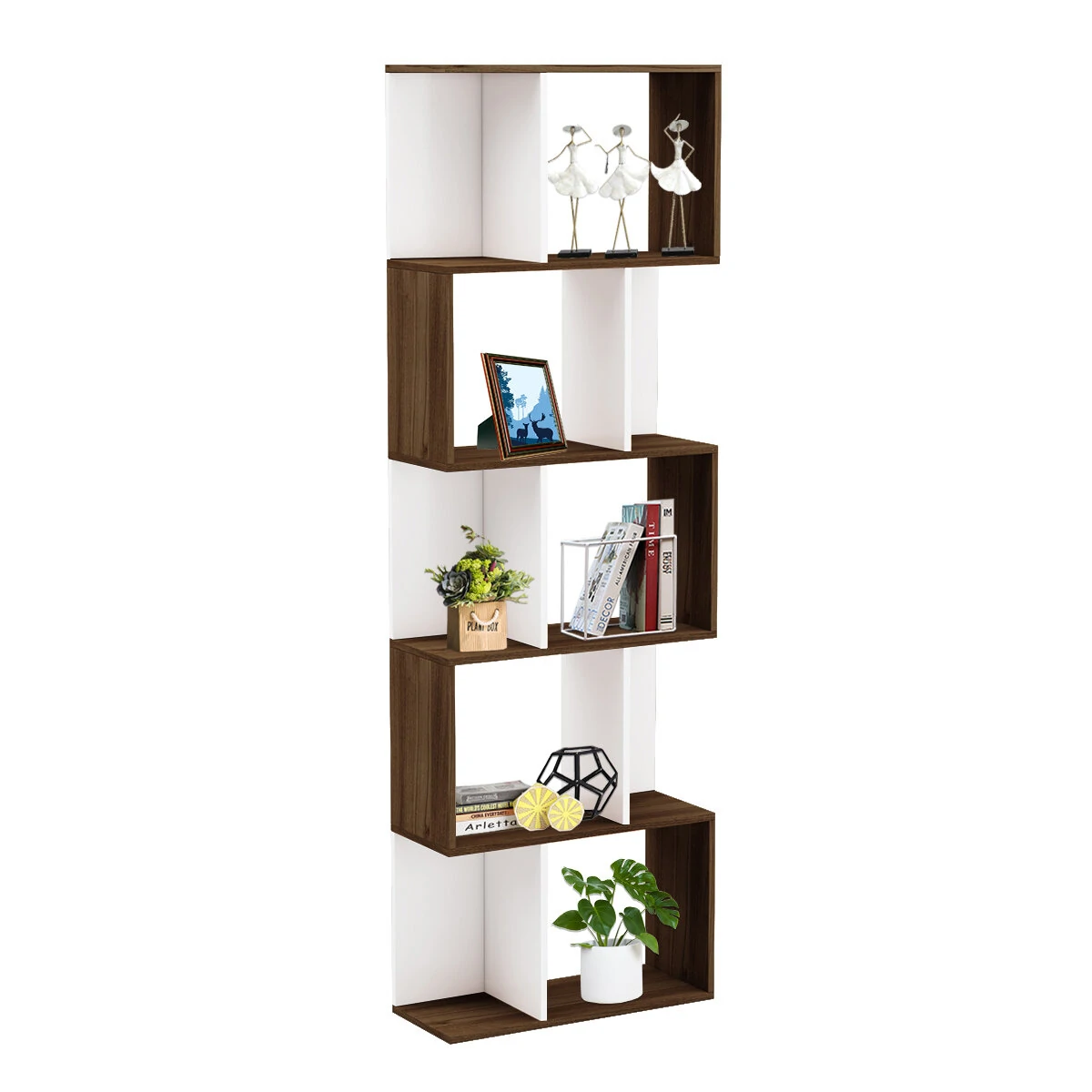 Hoffree wooden s-shaped bookcase modern display shelves storage unit divider