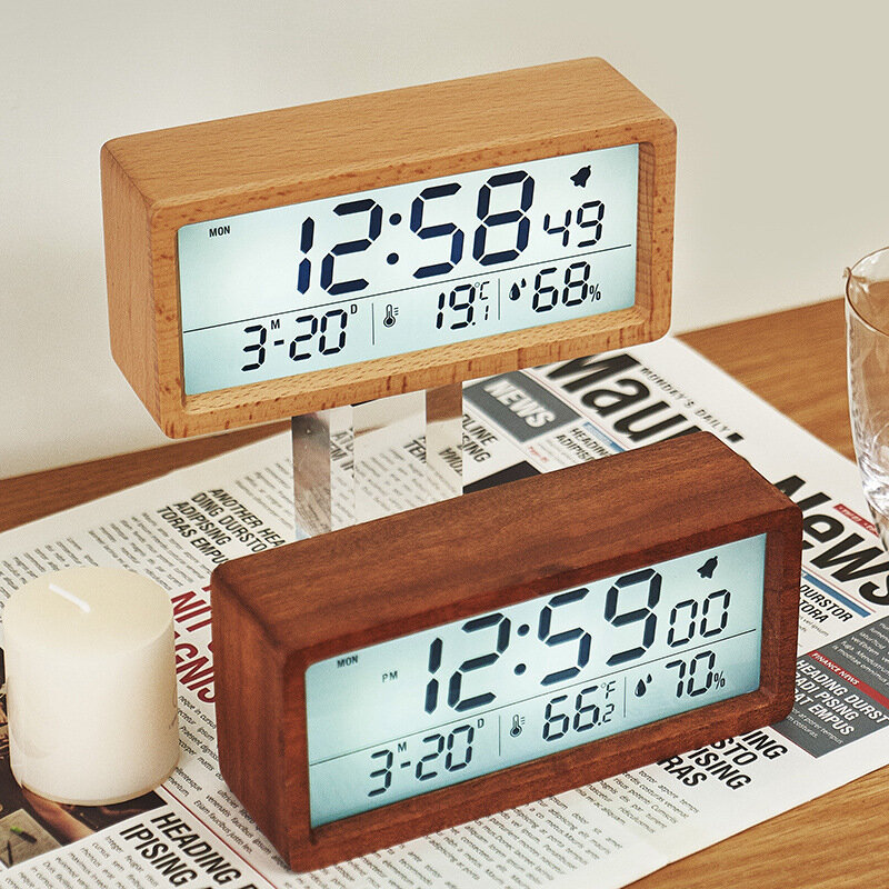 LED Wooden Digital Alarm Clock Multifunctional Large Screen Date Temperature Humidity Backlight 12/24 Hour Snooze Table