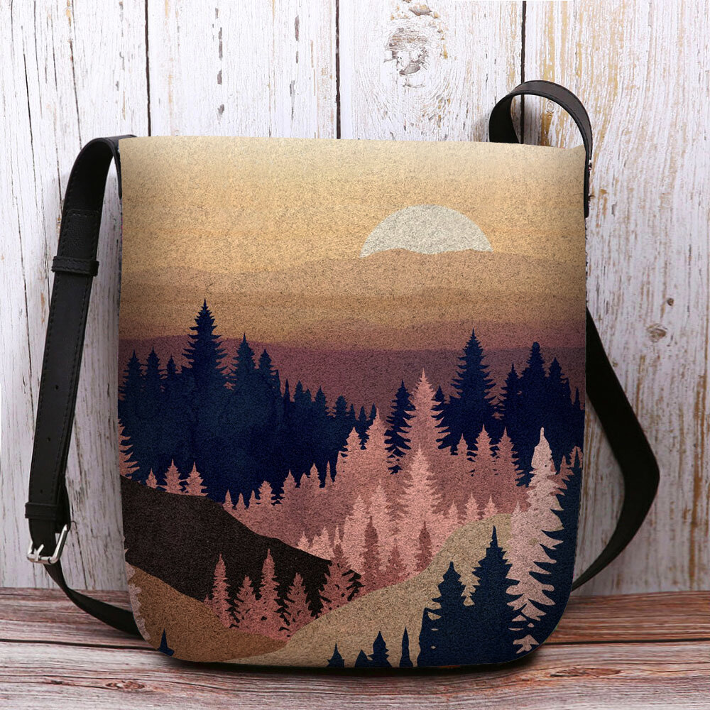 Women Felt Ladies Mountain Treetop Print Pattern Multi-carry Personality Shoulder Bag Crossbody Bag