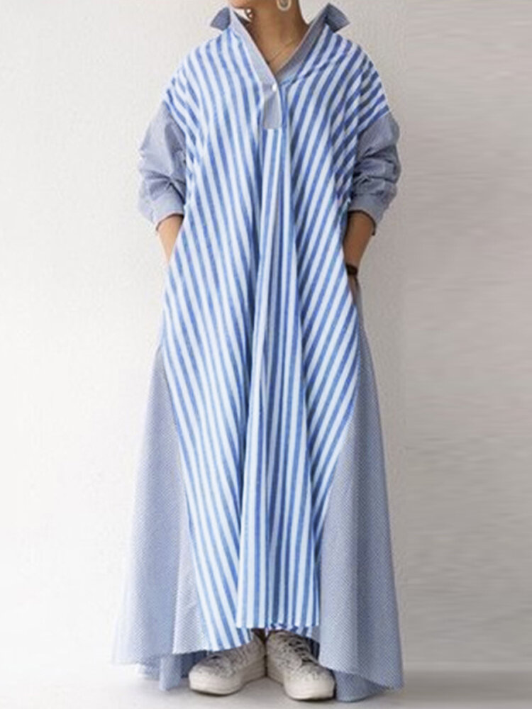 Dames gestreepte patchwork losse casual shirtjurk met lange mouwen en zak