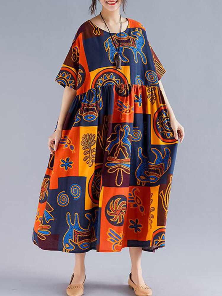 Vrouwen retro folk stijl afdrukken losse O-hals korte mouw jurk