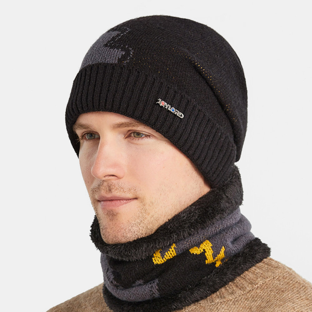 Men 2PCS Plus Velvet Thick Warm Winter Suits Patchwork Color Neck Face Protection Knitted Hat Scarf