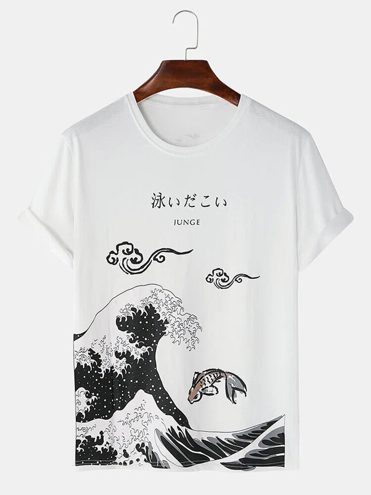 

Mens Japanese Wave Carp Print Crew Neck Short Sleeve T-Shirts