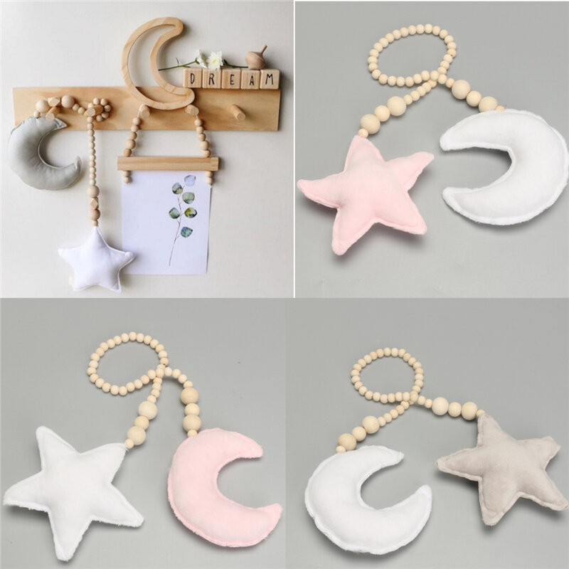 Star & Moon Pendant with Wooden Beads for Kids Baby Nursery Room Hanging Decor