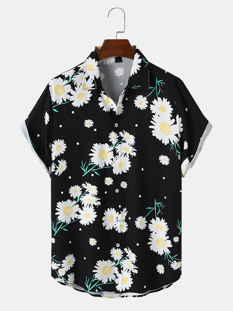 Heren Holiday Daisy Floral Print Button Up zwarte shirts met korte mouwen