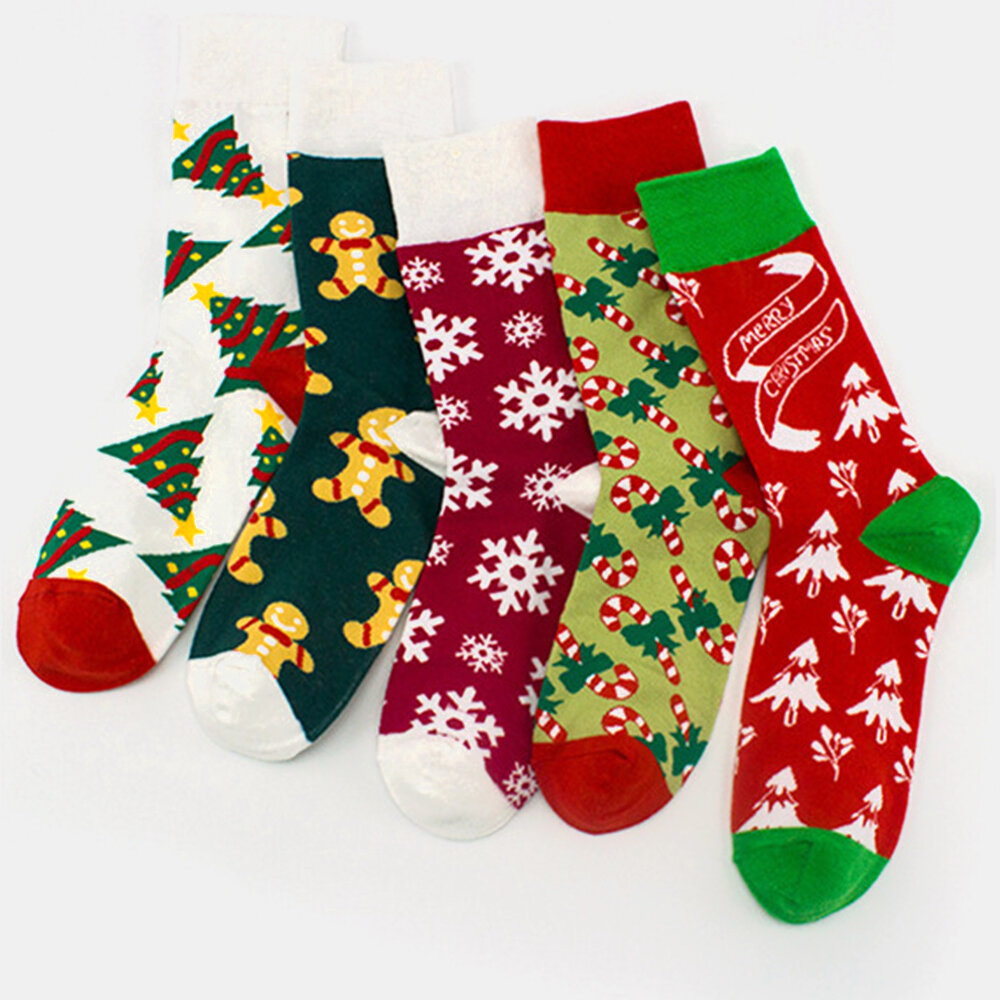 Unisex Cotton Personality Festive Christmas Tree Snowflake Pattern Couple Socks Tube Socks