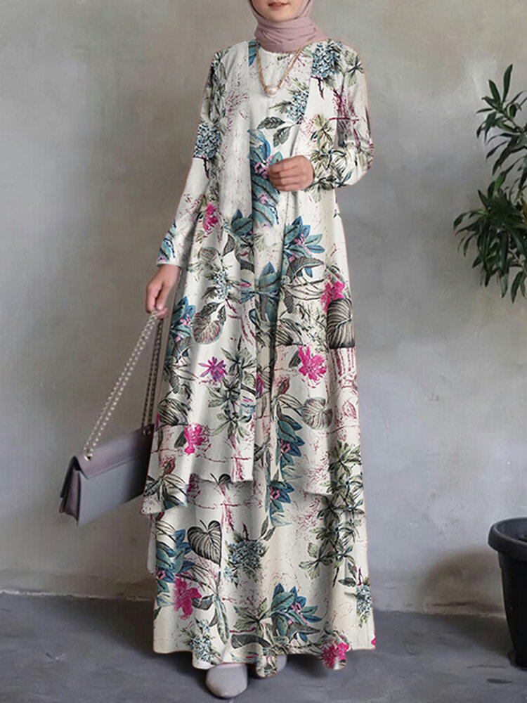 Dames 100% katoenen Abaya Kaftan Bohemian dubbellaags ontwerp Floral Leisure maxi-jurk