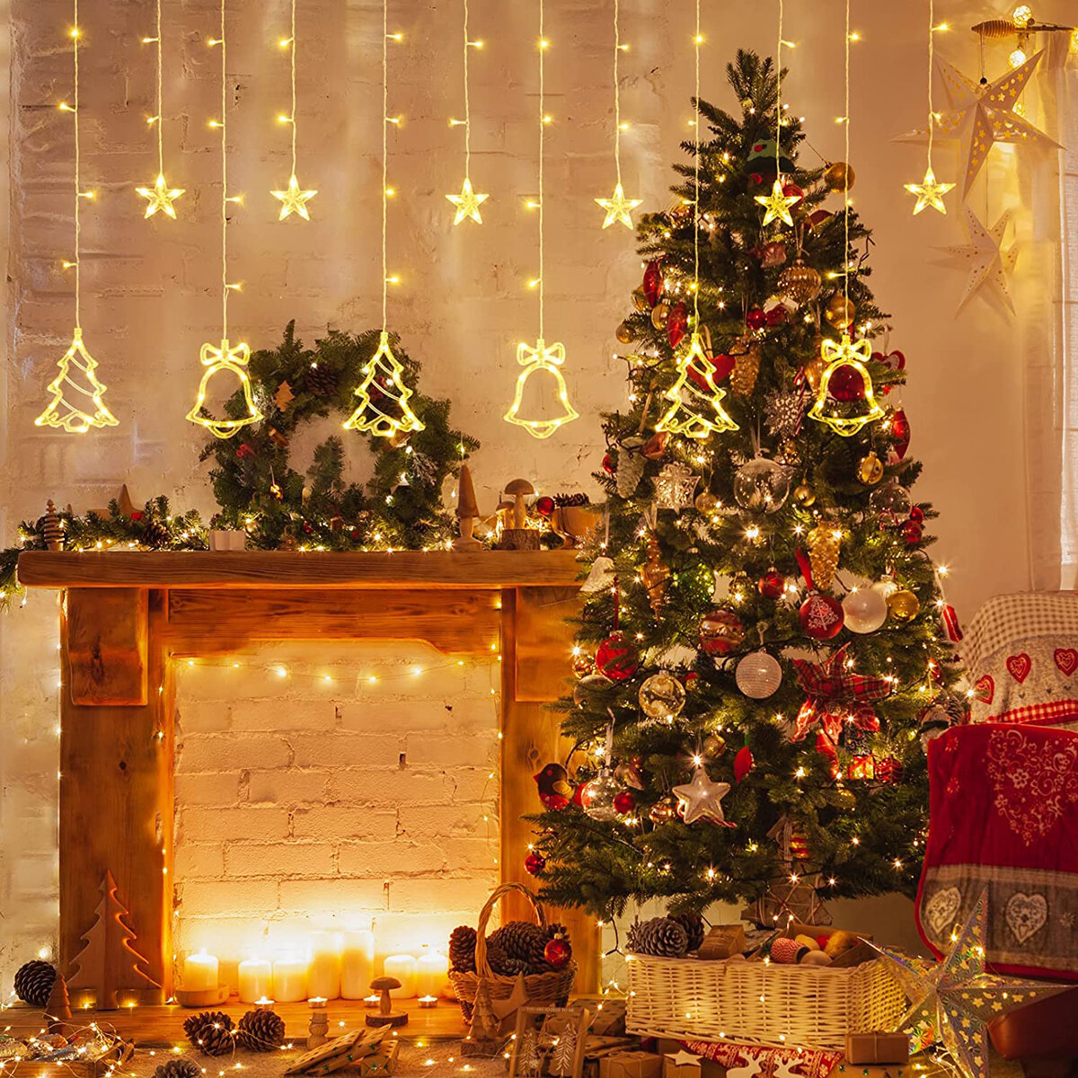 LED Kerst Gordijnverlichting Kerstman Sneeuwpop Elanden Bells Etalages 8-Functie LED Set Gordijnverlichting