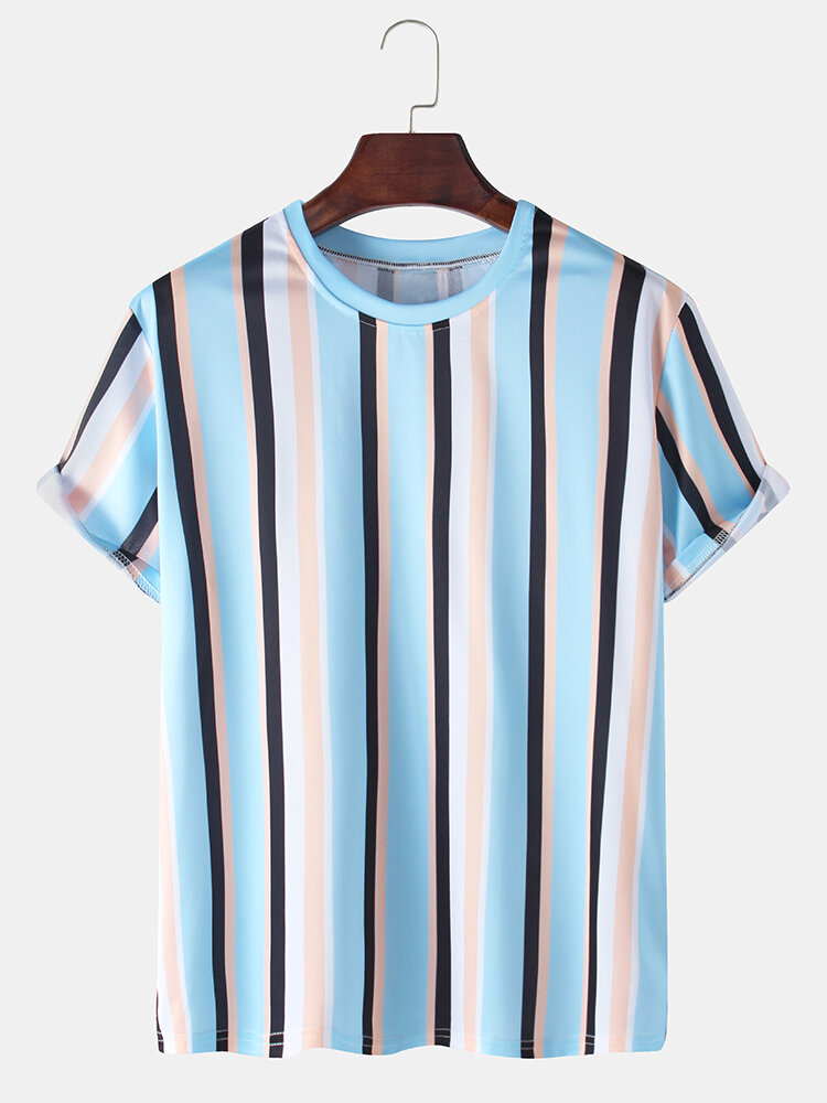 Mens Colorful Vertical Stripes Holiday Casual Short Sleeve T-Shirts