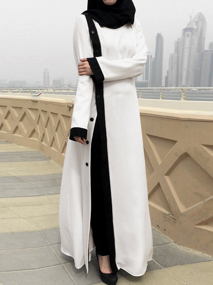 Women Contrast Patchwork Side Button Kaftan Robe Casual Long Sleeve Maxi Dresses