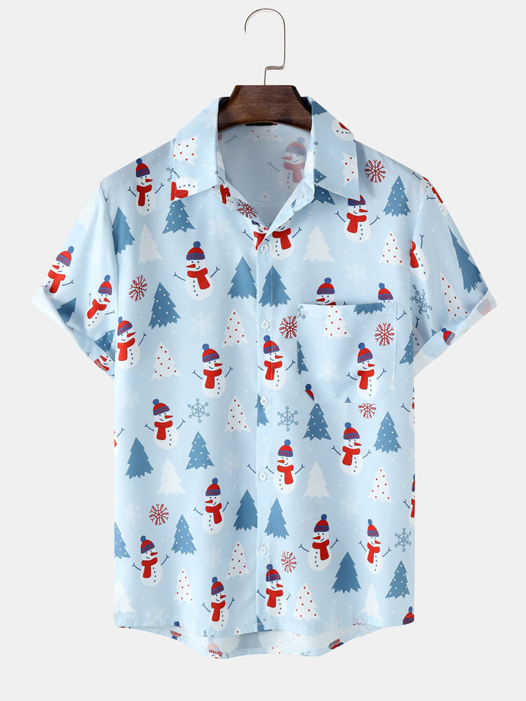 Heren kerstsneeuwman digitaal bedrukte borstzak casual korte shirts