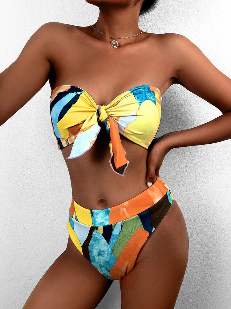 Dames Colorful Bandeau strapless bikini met strikband aan de voorkant en string
