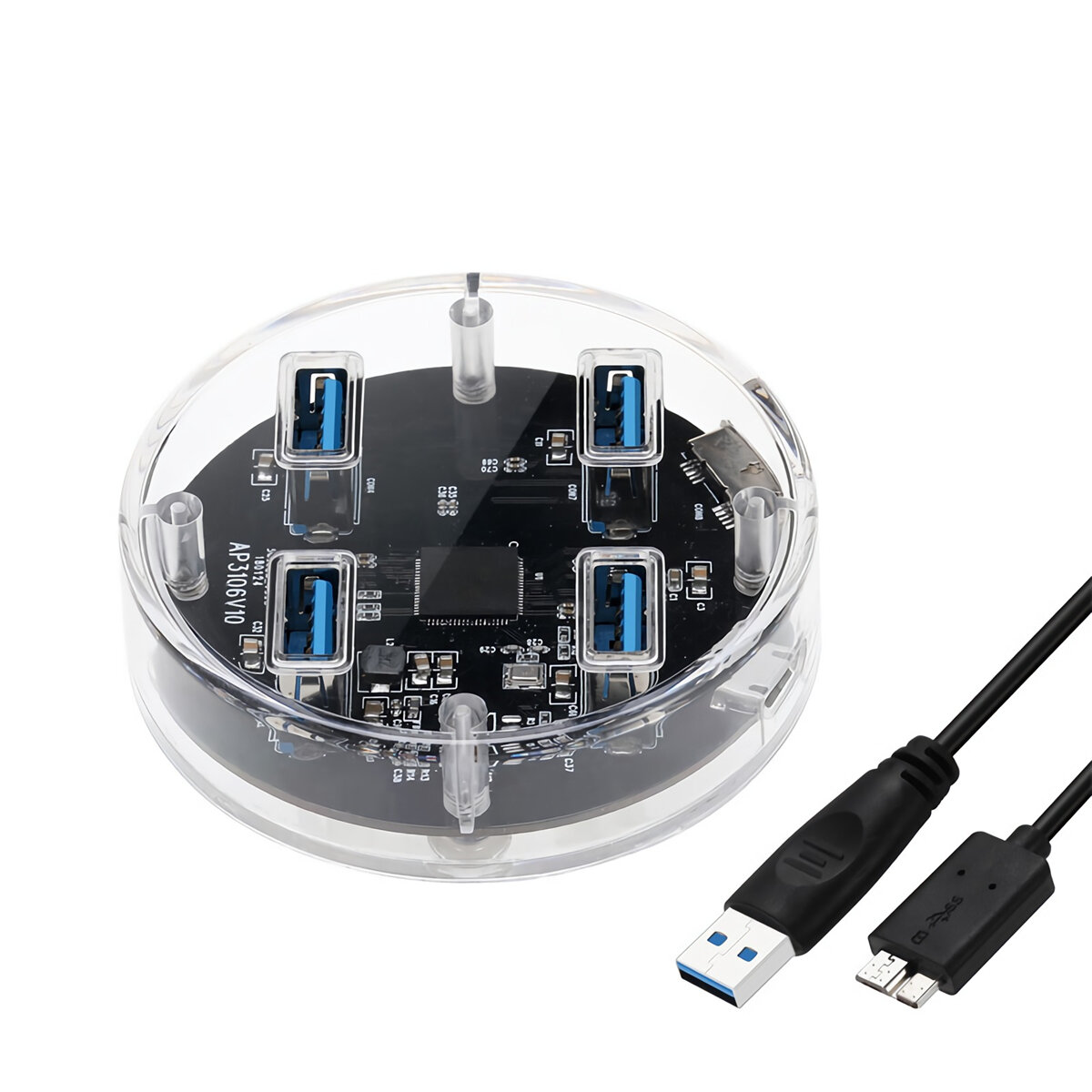 E-opbrengst 4-poorts USB3.0-hub 5 Gbps Hoge snelheid ronde transparante schaal Desktopgegevens Stroo