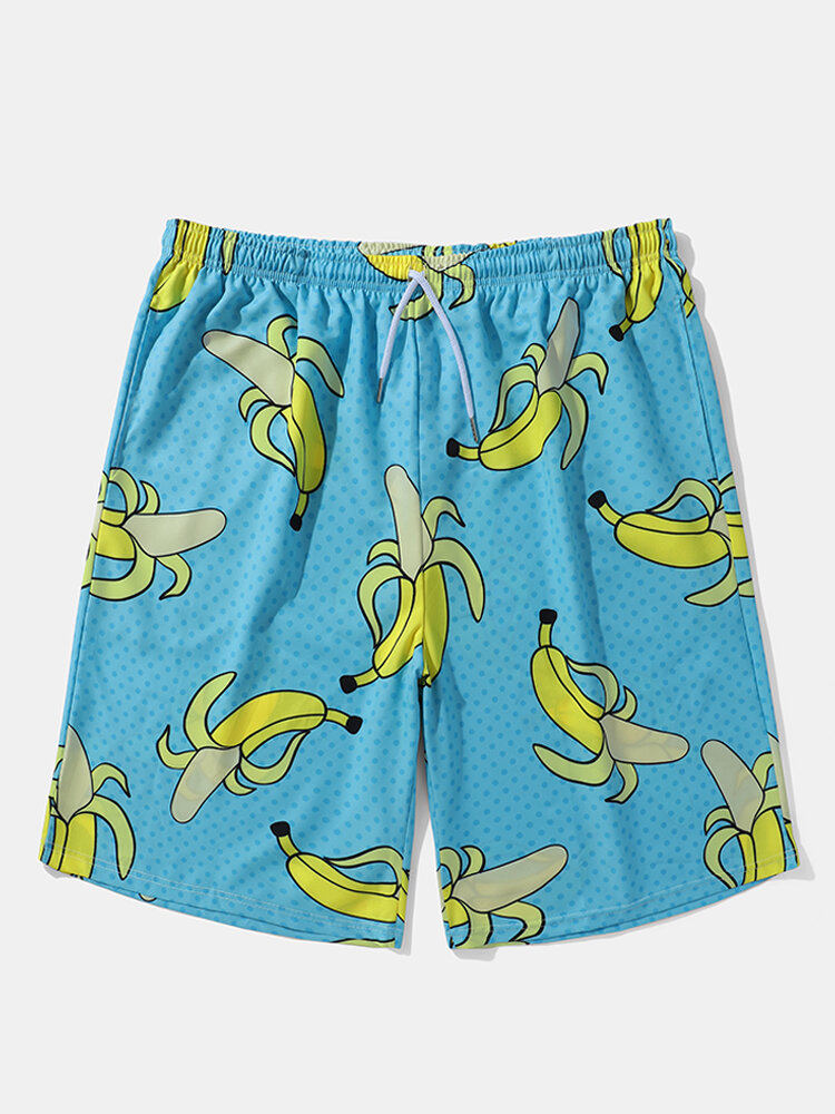Heren Allover Bananen Print Board Beachwear Losse Fit Wide Legged Shorts