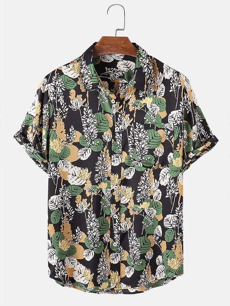 

Mens Tropical Plant Leaves Print Chest Pocket Short Sleeve Holiday Shirts
