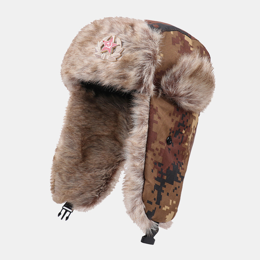Mannen Camouflage Sovjet Badge Trapper Hoed Winter Dikker Warm Koel Bescherming Gehoorbescherming Ru