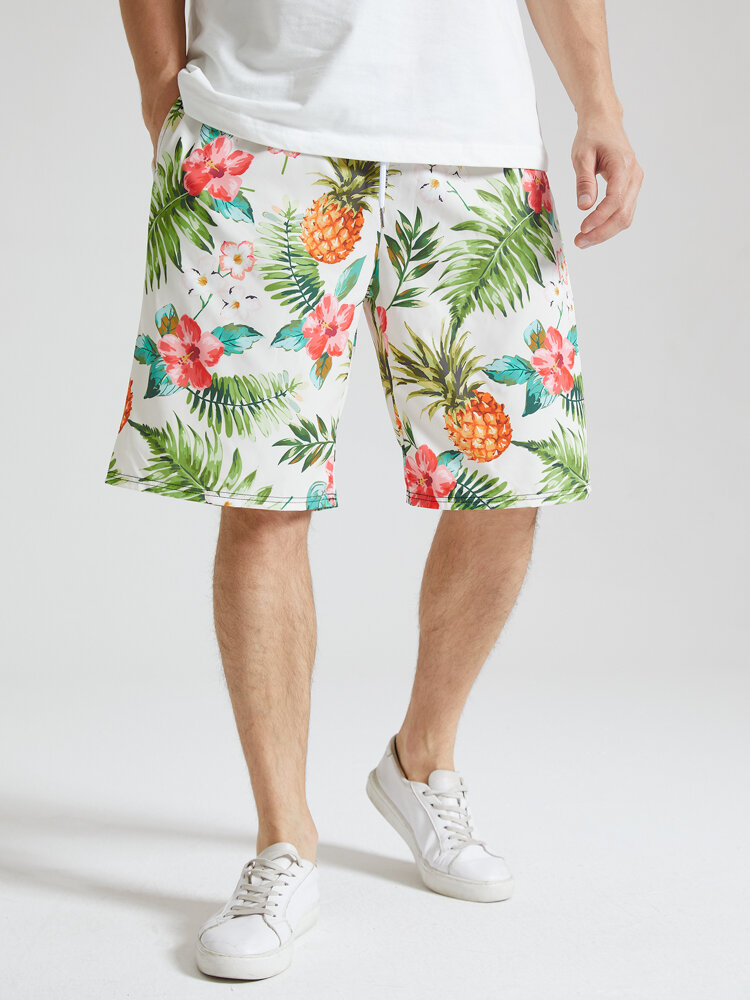 Mens All Over Pineapple Floral Print Holiday Drawstring Short