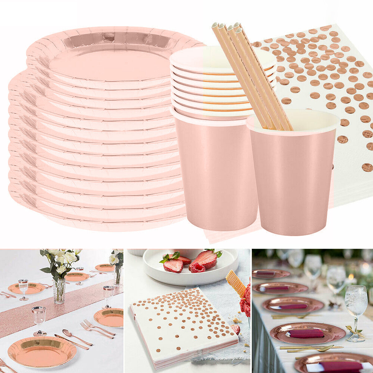 125pcs Party Disposable Tableware Set Festival Paper Cups Camping Fork Spoon Rose Gold Plates Straws Table