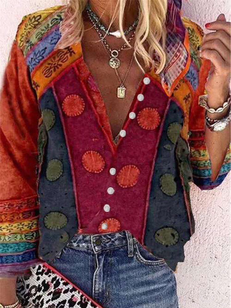 Women Vintage Colorblock Print Stand Collar Long Sleeve Button Shirt