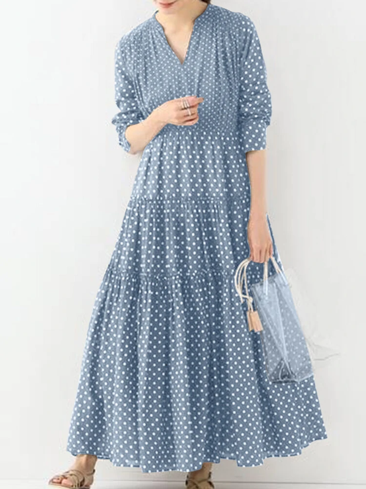 Bohemian vintage polka dot print v-neck long sleeve holiday casual maxi dress