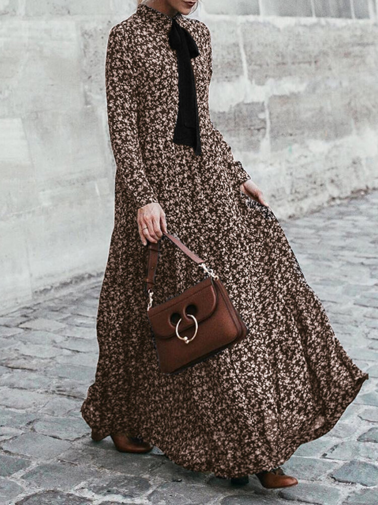 Women Floral Long Sleeve Lapel Elegant Maxi Dress With Butterfly Knot