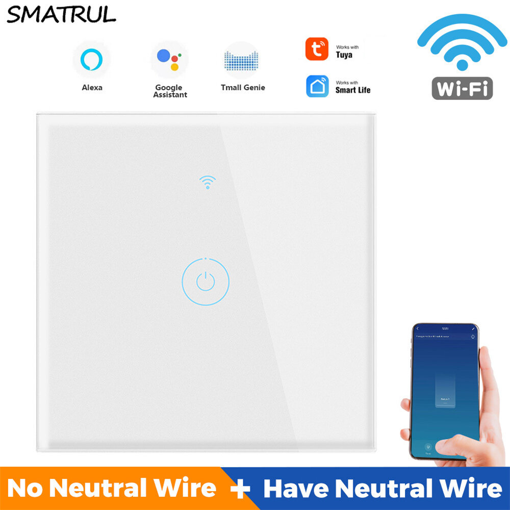 

SMATRUL Tuya Single Fire + Zero Fire WIFI Touch Wall Switch EU Type 86 Smart Switch Support Voice Remote Control Timing