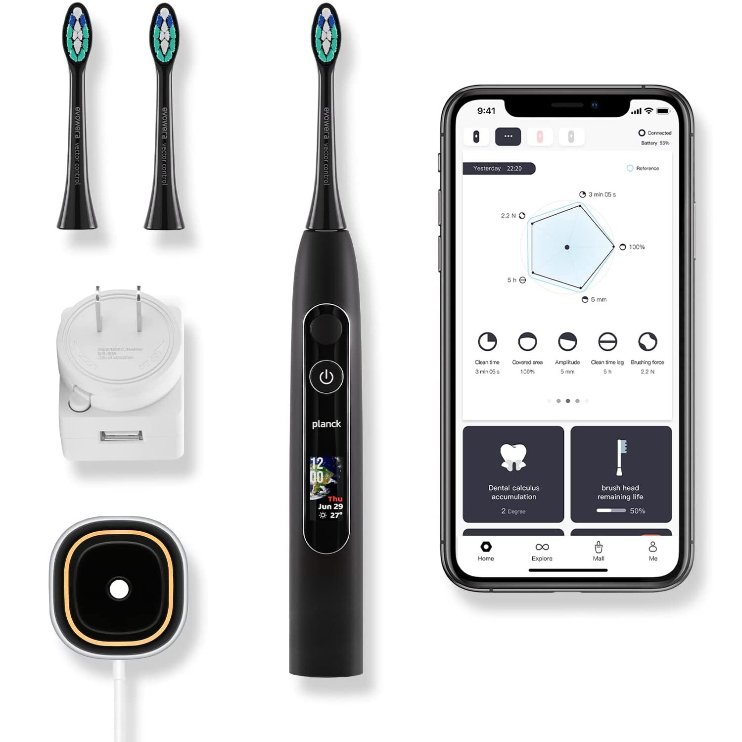 Evowera Planck O1 Electric Sonic Toothbrush Full-Color LCD Screen 6 Clean Modes Electric Toothbrush 2 Min Timer 42000 RPM Vibration Intensity IPX7 Waterproof Electric Toothbrush
