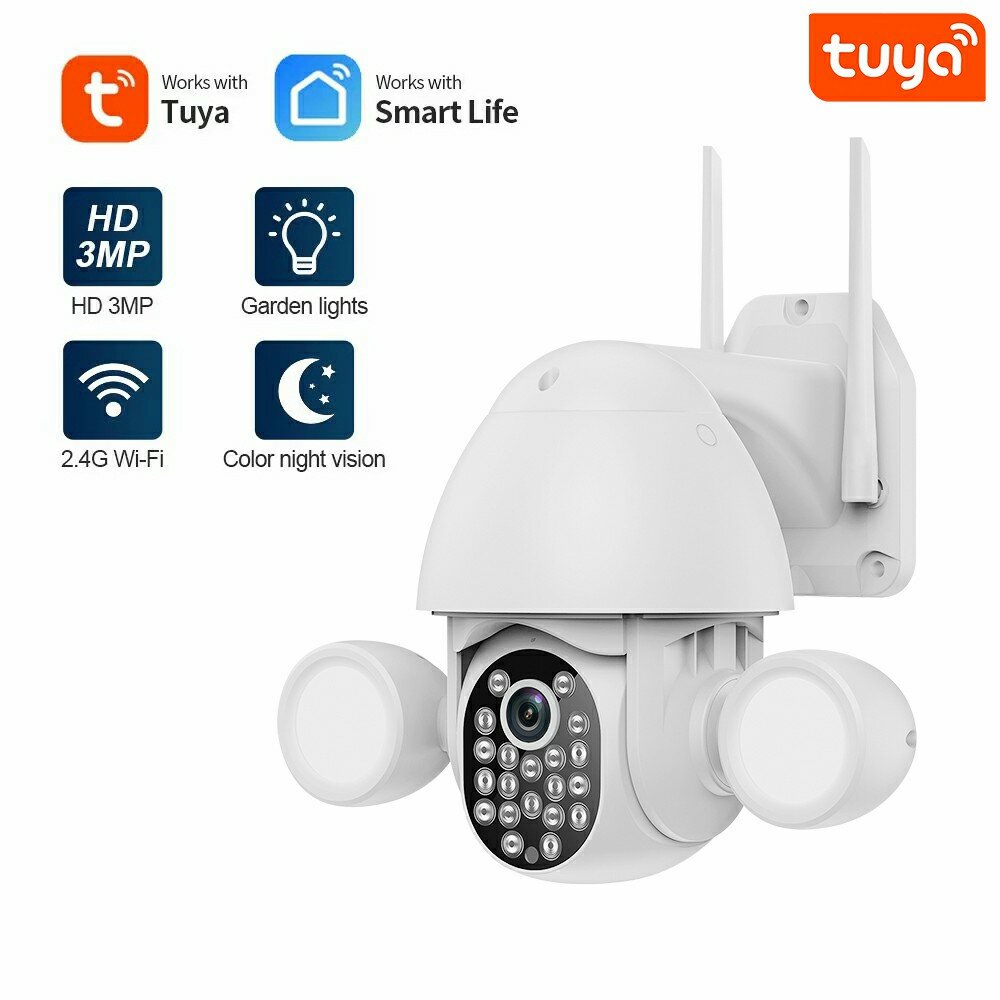 

Bakeey 1080P Full HD 3MP Tuya Security Camera Wireless WiFi Infrared Night Vision Motion PTZ Outdoor Floodlight Camera W