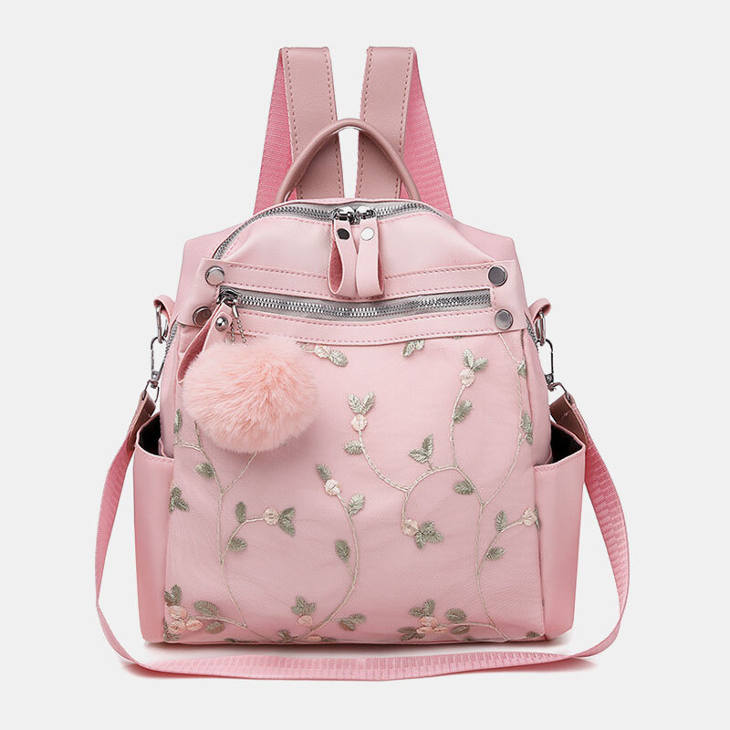 

Women Patchwork Back Anti theft Lace Fluffy Ball Multi-carry Backpack