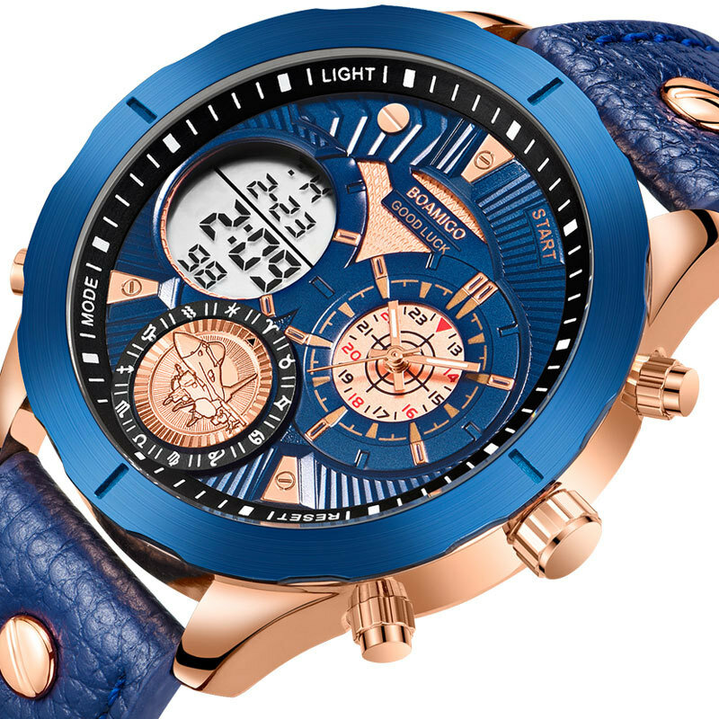 BOAMIGO F940 Dual Time Zones Analog Digital Watch Leather Band LED Light Men Wrist Watch