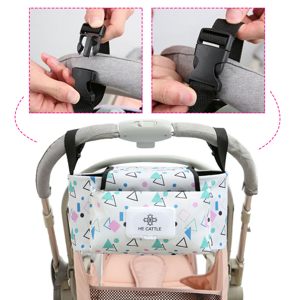 600D Oxford Strollers Opbevaringspose Cup Flaske Holder Mummy Bag Baby Pushchair Organizer 
