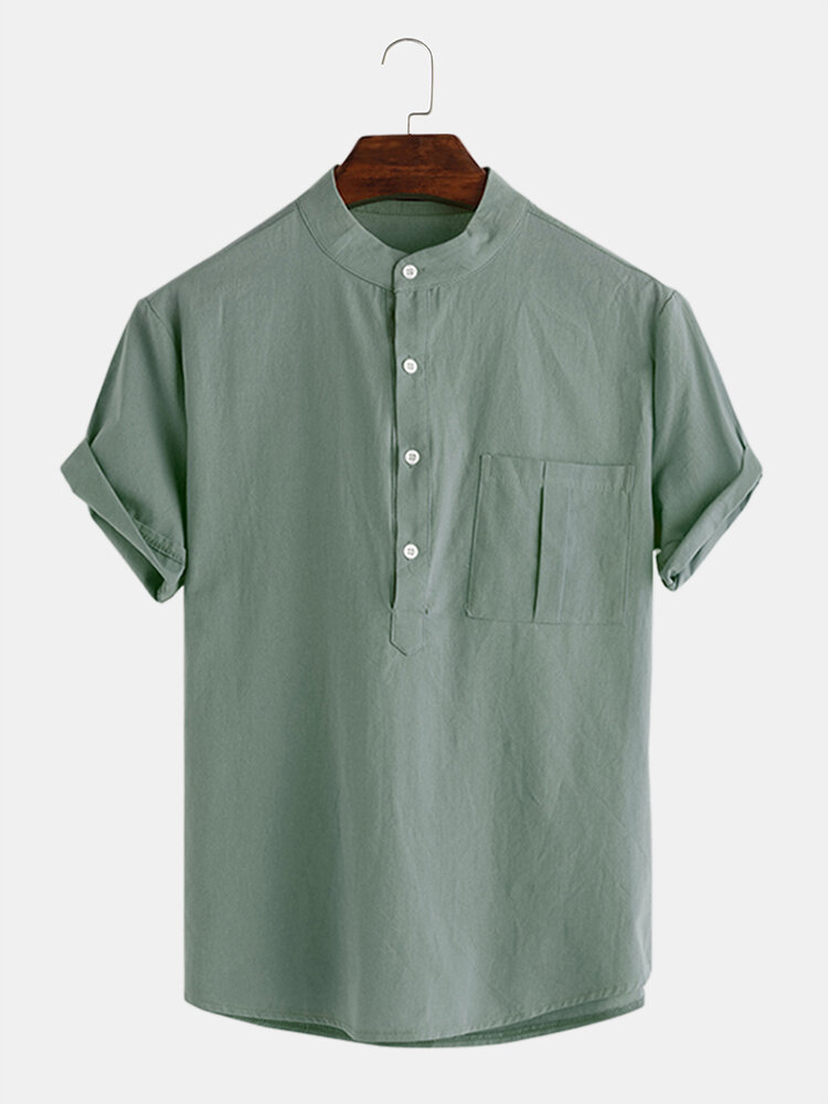 Mens Cotton Solid Color Chest Pocket Cotton Casual Henley Shirts